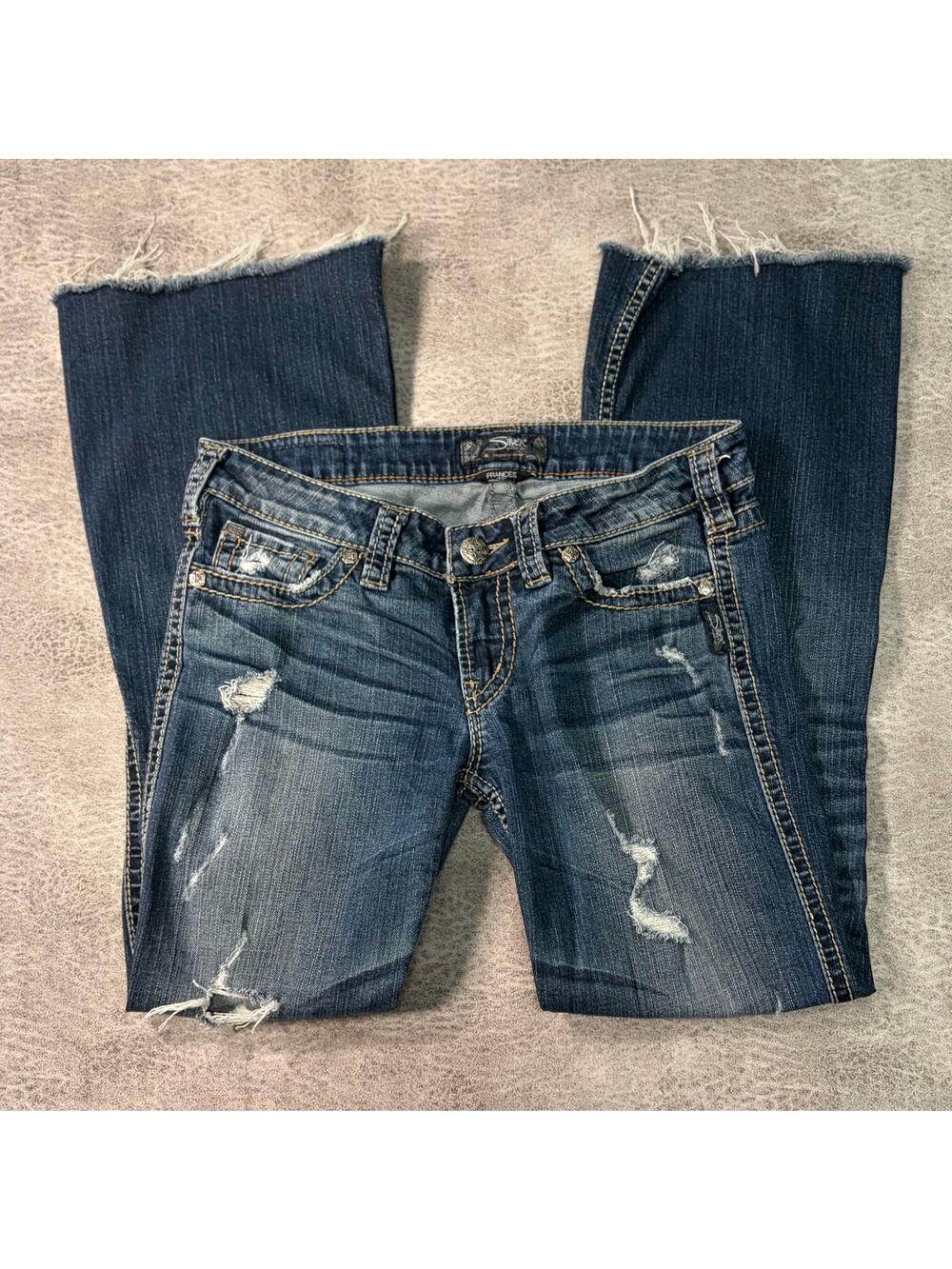 Y2k Distressed Flared Dark Wash Silver Jeans